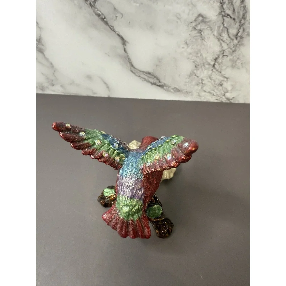Beautiful Rare Hinged Hummingbird Shiny Jeweled Trinket Box W/Magnetic Clasp